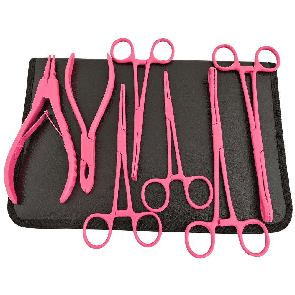 MuskalMed Hot Pink 7 Piece Body Piercing Instruments Kit Tools Pennington Sponge Forceps Stainless Steel Instruments with Carry Case MBK-P-01