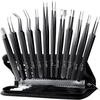 Antonki 12 Pack Precision Tweezers Set for Craft, Soldering, Jewelry, Facial Hair, Eyebrow, Ingrown Hair Removal, Eyelash Extension- with Case
