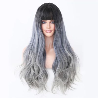 Ombre Long Wave Women Wig With Bangs Cosplay Party Daily Wig Heat Synthetic Wig High Density Fake Hair
