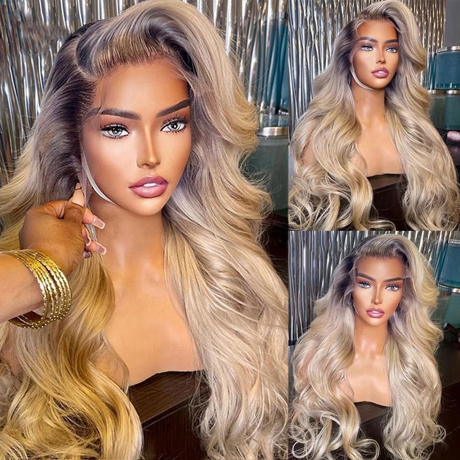Ombre Blonde Highlight Lace Front Wigs Human Hair Pre Plucked with Baby Hair 13x4 Body Wave Transparent Lace Frontal Wigs Human Hair for Women (22 inch, 13x4 lace front wig)