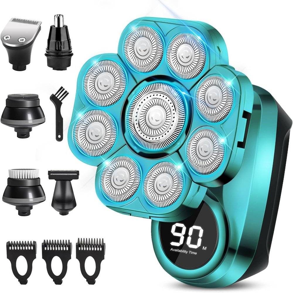 9D Head Shavers for Bald Men, Anti-Pinch Electric Razor for Men, 6-in-1 Mens Grooming Kit with Nose Hair Trimmer, Beard Trimmer for Men, Waterproof and Rechargeable Electric Shavers