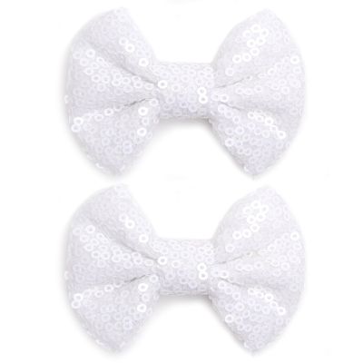 KISZU 3 Inch Glitter Hair Bows Clips, Sparkling Sequin Little Bow HairPins for Baby Girls Children Teens and Women (White)