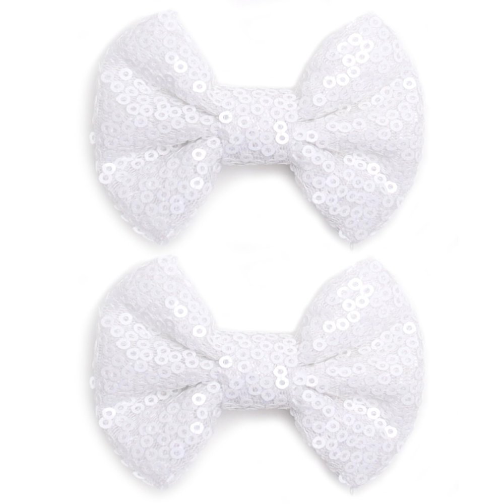 KISZU 3 Inch Glitter Hair Bows Clips, Sparkling Sequin Little Bow HairPins for Baby Girls Children Teens and Women (White)