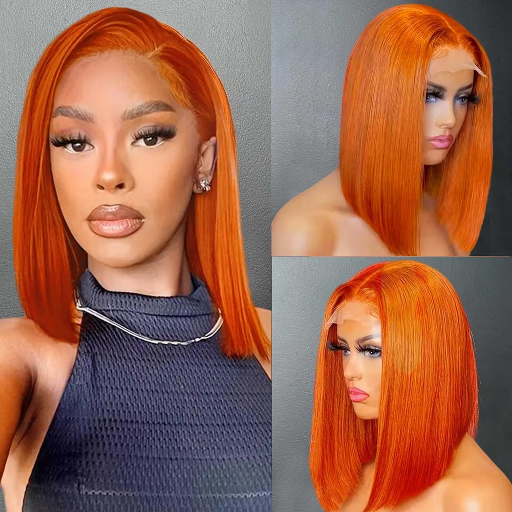 Belaved Bob Wig Human Hair 13x4 HD Lace Front Free Part Wigs Orange Short Straight Bob Wigs Pre Plucked with Baby Hair Glueless Natural Hairline 180% Density Ginger 14 Inch
