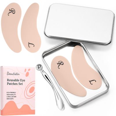 Beautistin 2 Pairs Reusable Under Eye Wrinkle Patches Silicone Mask, Plump Fine Lines & Wrinkles, with Metal Eye Cream Applicator, Tin Case, Cream Color