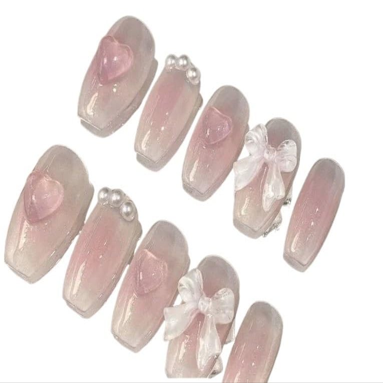 CHRISK Cute Pink Sweet Princess Removable Handmade Wear Nail Art Vitality Girl Short Fake Nails Blush Bow Nail Patch (Color : M)