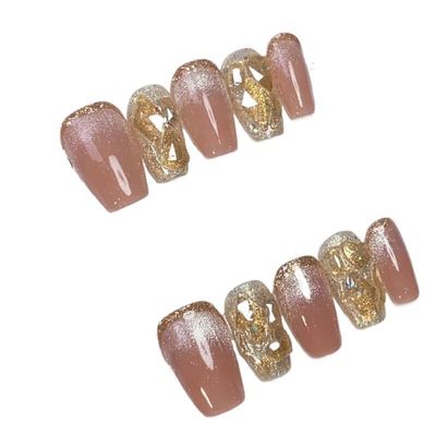 Handmade Wearable Nail Enhancement Product Crystal cat Eye ice Transparent Bare Powder whitening Fake Nail Patch Detachable (Color : M Medium Length)