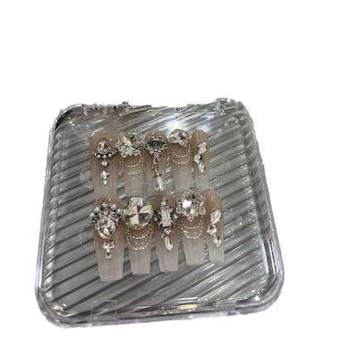 CHRISK Handmade Wearing Nail Long Diamond Ice Transparent Bare Color Whitening False Nail Sticker Detachable Nail Enhancement (Size : L)