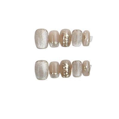 CHRISK Handmade Wearing Nail Short Cat Eye Ice Transparent Bare Color Whitening Nail Fake Sticker Detachable Nail Enhancement (Color : 1, Size : L)