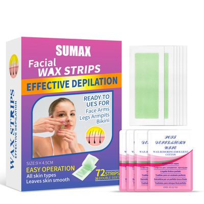 Sumax Wax Strips for Body Hair Removal, 72 Pieces Natural Beeswax Essence and Jojoba Seed Oil Hair Removal Strips for Face, Underarms, Bikini, Legs - Includes 4 Calming Oil Wipes