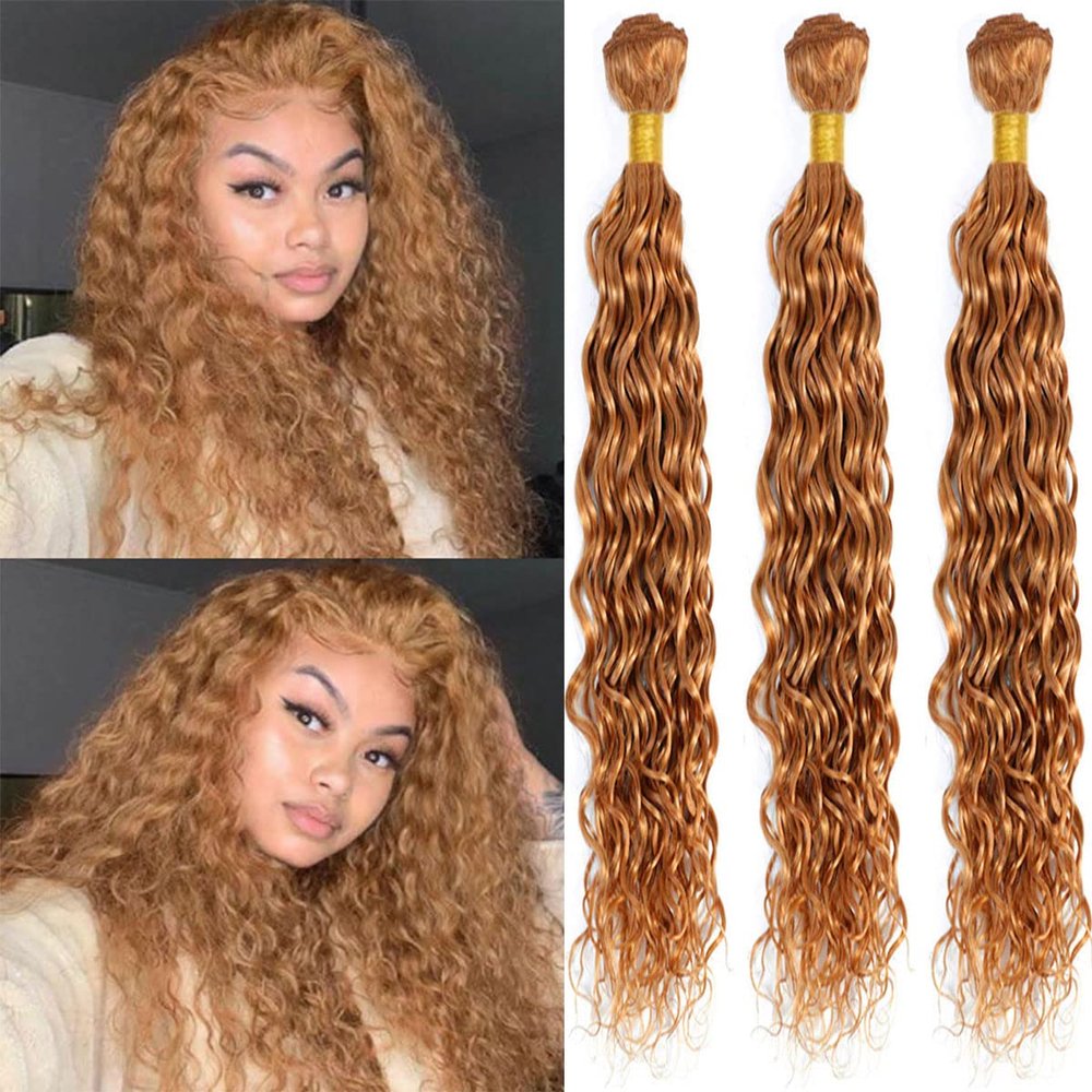 10 12 14 Inch #27 Honey Blonde Bundles Human Hair 3 Bundles Brazilian Remy Hair 100 Grams/Bundle 10A Grade Unprocessed Virgin Hairs Blonde Water Wave Bundle Weaves Extensions