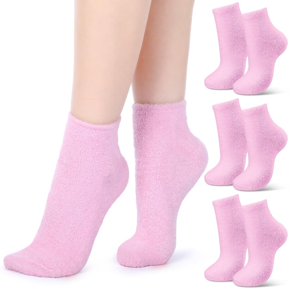HooLing 3 Pairs Aloe Socks Moisturizing Spa Socks Aloe Vera Infused Fuzzy for Christmas Women Men Repairing Softening Dry Cracked Feet Skins(Classic,Pink)