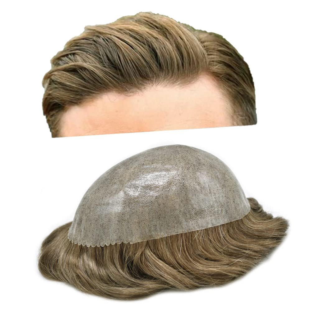 Mens Toupee Hair Replacement System for Men Thin Skin Full Poly Mens Human Hair Pieces Injected PU Toupee for Men 8"X10" #740 Very Light Brown with 40% gray hair-120% density