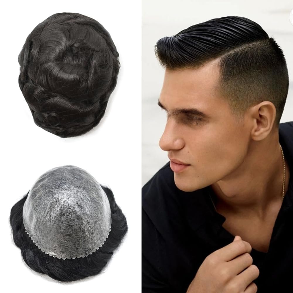 Mens Toupee Hair Replacement System for Men Thin Skin Full Poly Mens Human Hair Pieces Injected PU Toupee for Men 8"X10" #1B Off Black-110% density