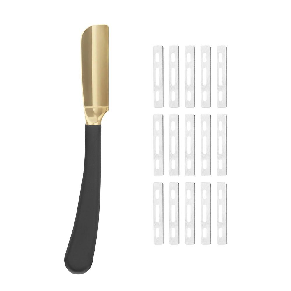 CestoMen Straight Edge Shaving Razor for Men, Professional Silicone Handle Stainless Steel Barber Razor - Salon Cut Throat Shavette with 15 Guarded Blades (Gold)