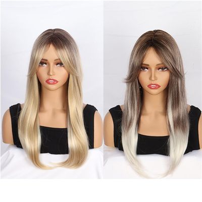 Eight Bang Gold Long Gradation of Hair Straight Synthetic Long Wigs Machine Made for Hair Loss for Woman Middle Parting Bang Wigs for Thinning Hair (Gold)