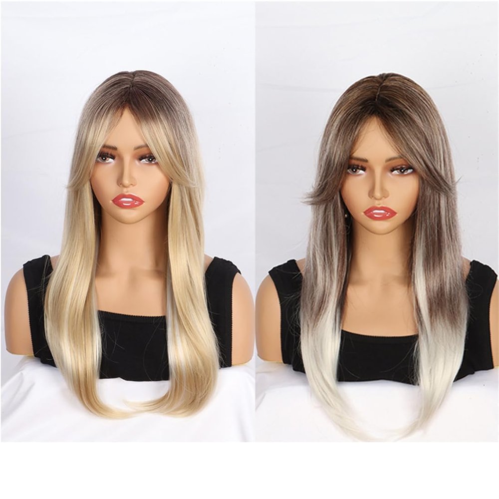 Eight Bang Gold Long Gradation of Hair Straight Synthetic Long Wigs Machine Made for Hair Loss for Woman Middle Parting Bang Wigs for Thinning Hair (Gold)