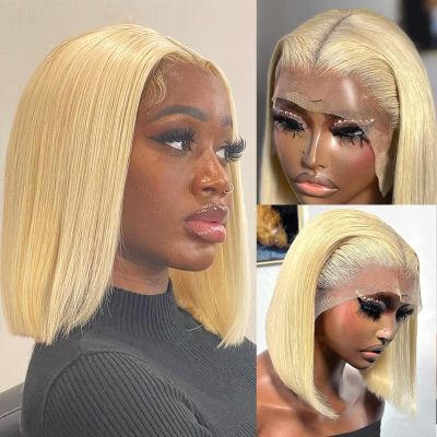 Licoville 613 Blonde Bob Wig Human Hair 180% Density Short Blonde Wigs Bob Sleek Straight HD Transparent 13x4 613 Lace Front Wig Human Hair Glueless Wigs for Black Women Pre Plucked