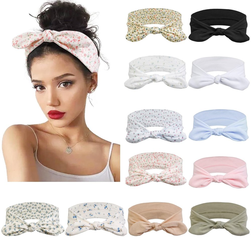 12 Pack Wild Floral Bow Headbands for Women Elastic Headwraps Hair Band Yoga Running Sports Knotted Headband Stretchy Rabbit Ears Turban Fashion Sport Cute Hair AccessoriesElastic Floral Hairbands