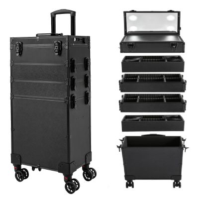 CNCEST Rolling Makeup Train Case Trolley with Adjustable LED Light,Studio Mirror Touch Screen 3000K-6000K Cosmetic Storage Lockable Makeup Artist Nail Organizer (5layer)