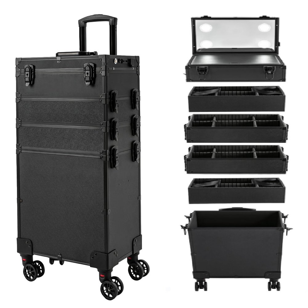 CNCEST Rolling Makeup Train Case Trolley with Adjustable LED Light,Studio Mirror Touch Screen 3000K-6000K Cosmetic Storage Lockable Makeup Artist Nail Organizer (5layer)