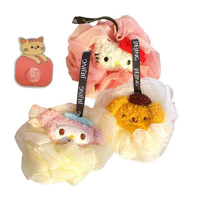 3 Pack Premium Anime Bath Sponges for Women Mixed Cartoon Dog Rabbit Cat Cute Loofah with Handle, Funny Cleaning Shower Ball Pack with 1 Pc Self-Adhesive PVC Animal Hook Set