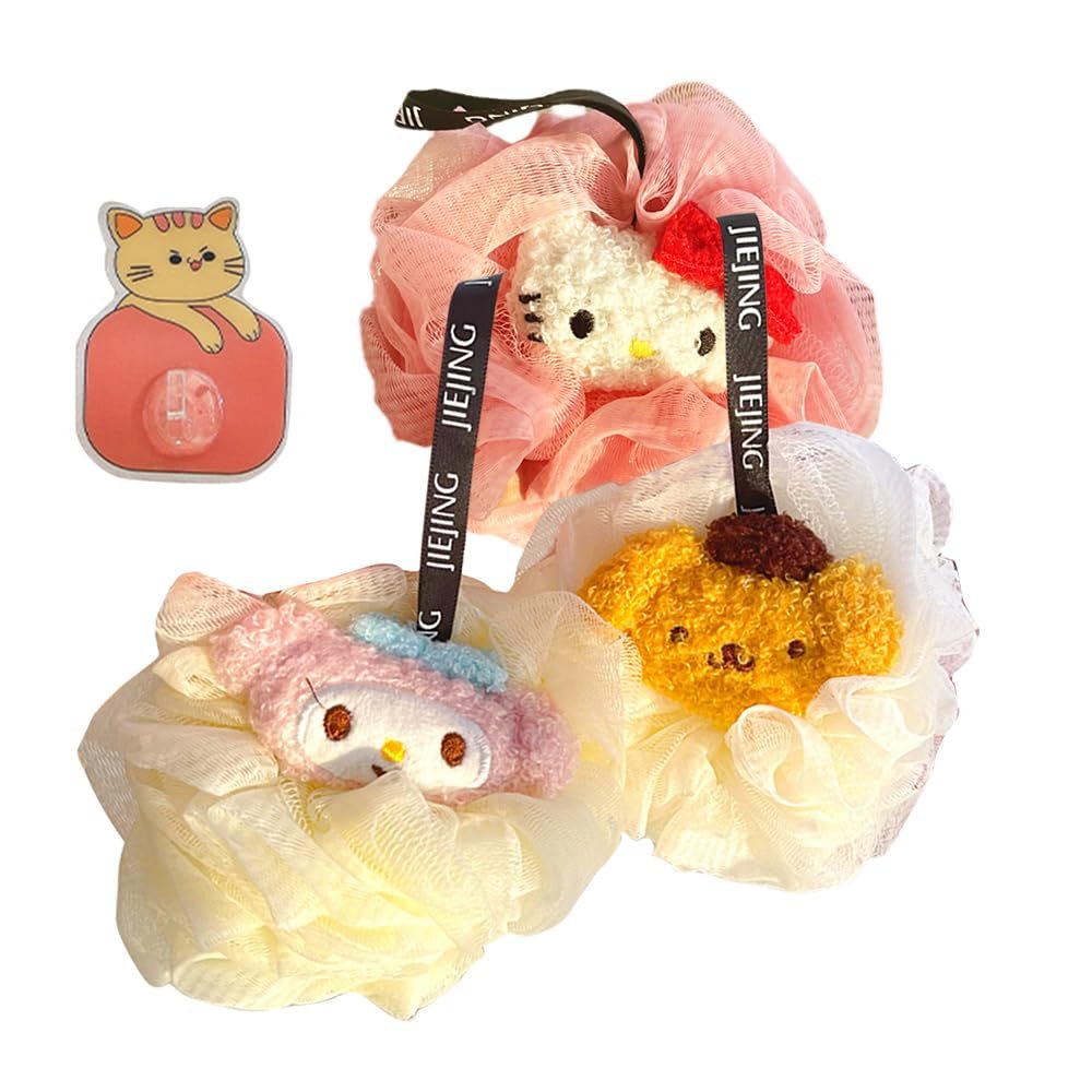 3 Pack Premium Anime Bath Sponges for Women Mixed Cartoon Dog Rabbit Cat Cute Loofah with Handle, Funny Cleaning Shower Ball Pack with 1 Pc Self-Adhesive PVC Animal Hook Set