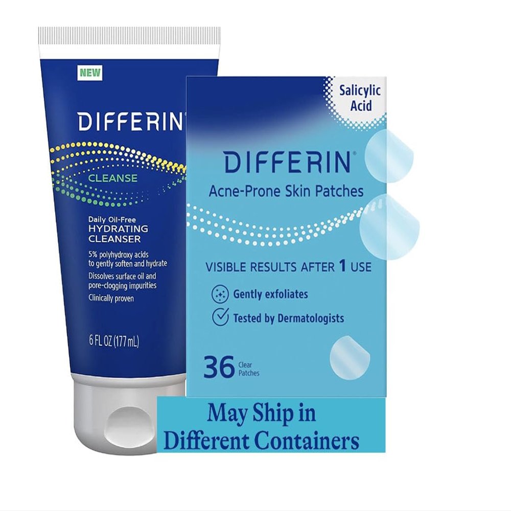 Differin Hydrating Cleanser and Patch Set: Contains 36 Power Patches, 18 large and 18 small pimple patches for Acne-prone skin, and Oil-Free Hydrating Cleanser 6 Oz