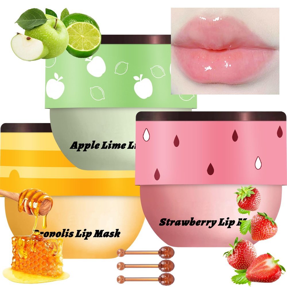 3 Pcs Bee Lip Balm Honey Pot, Honey Strawberry Apple Lip Mask Overnight, Moisturizing Lip Sleeping Mask, Hydrate Repair Prevent Dry Cracked Lip Exfoliator Lip Care (Honey+Strawberry+Apple Lime)