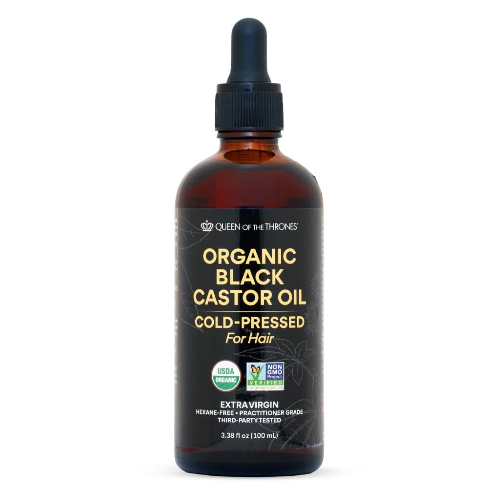 QUEEN OF THE THRONES Organic Black Castor Oil - 100mL with Dropper| 100% Pure, Certified Organic, Hexane-Free, Extra Virgin | Moisturizing & Conditioning Oil for Skin, Hair & Nails