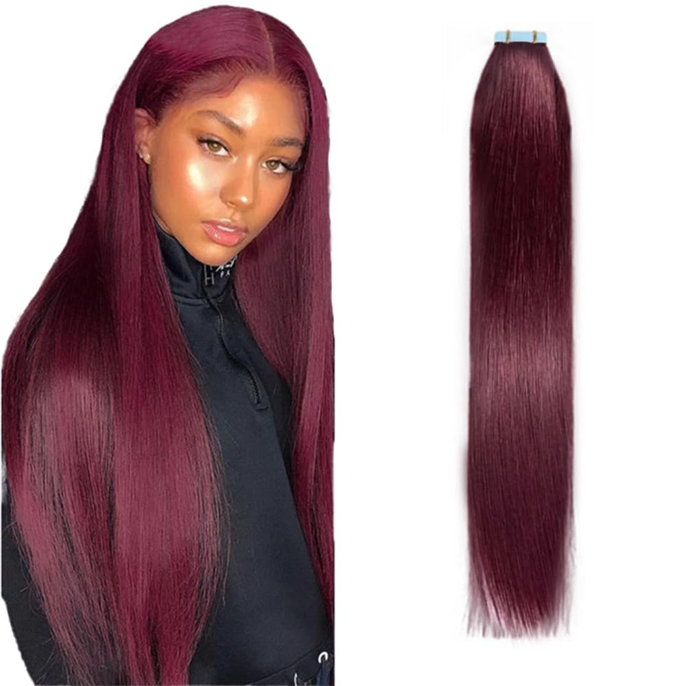 Burgundy Tape in Hair Extensions 99J Wine Red Tape in Extensions 8"Inch 100 Gram Tape in Human Hair 40 Pcs Human Hair Extensions Seamless Skin Weft Hair Extensions