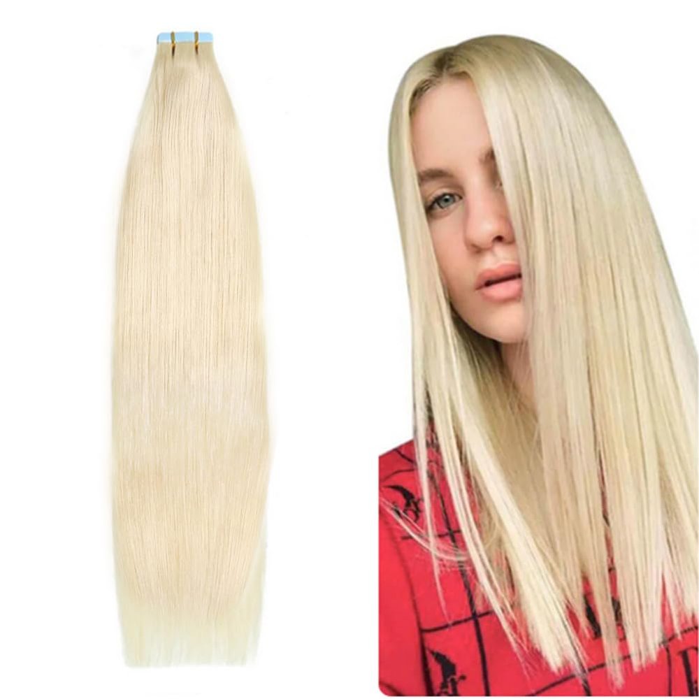 Straight Blonde Tape in Hair Extensions, 28 Inch Tape in Hair Extensions Human Hair 40pcs 100g Platinum Blonde Tape Hair Extensions Straight Remy Hair Tape in Extensions