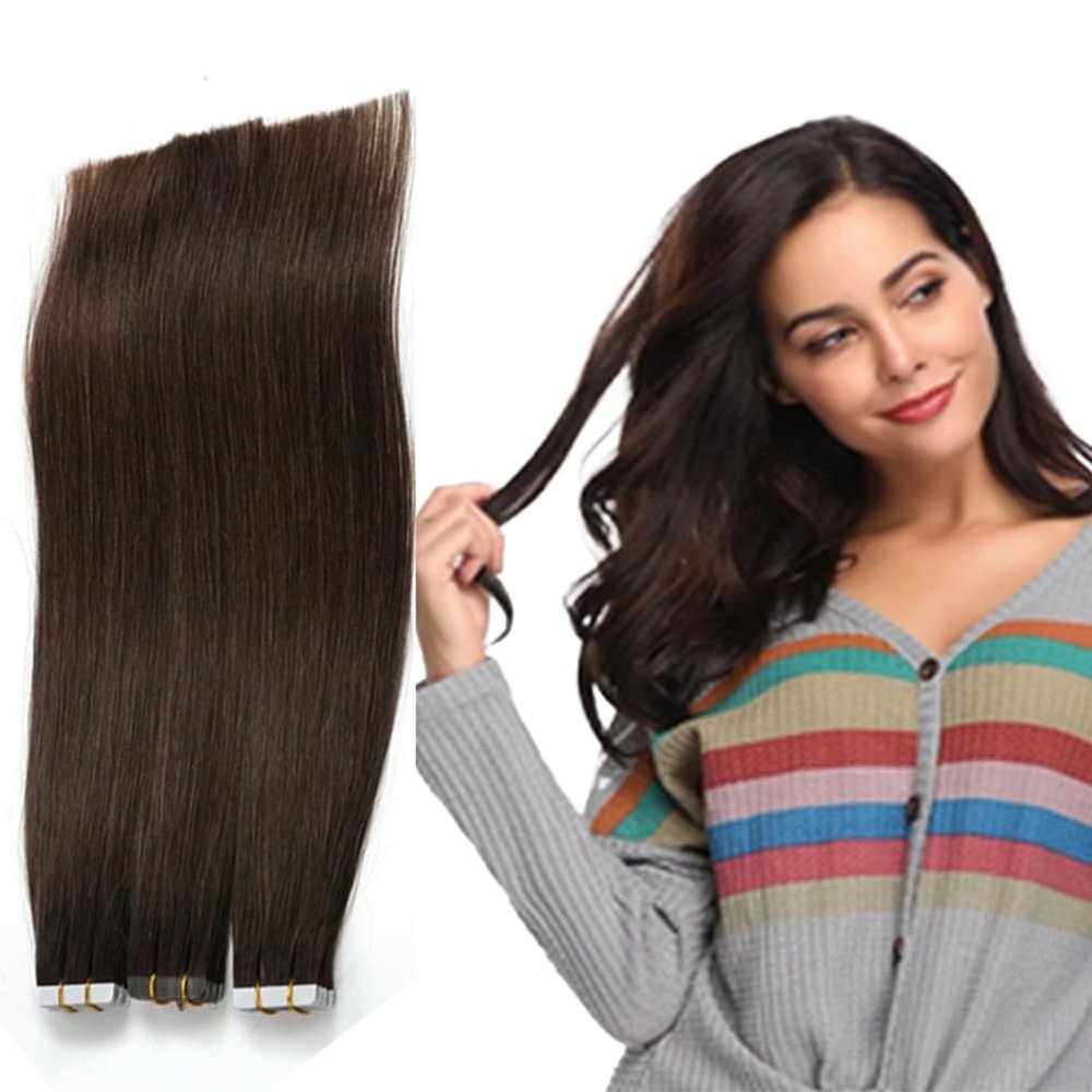 20 Inch Tape in Hair Extensions Seamless Remy Pu Glue on Hair 100G 40 Pcs Color #2 Darkest Brow Straight Tape in Human Hair Brazilian Remy Pu Hair Extensions