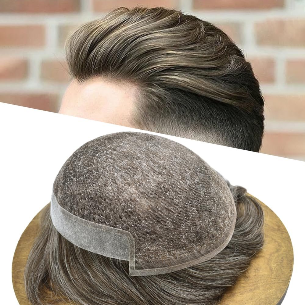 Healthlif French Lace Toupee For Men Hair Replacement System For Men European Human Hair Pieces For Mens Toupee Human Hair Patch Prosthesis For Men8x10light to medium density#320 3# DARK BROWN+20%GREY
