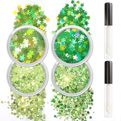 Allstarry Green Body Glitter, 4 Colors Cosmetic Green Face Glitter, Shamrock Face Eyeshadow Makeup Hair and Eye Glitter St Patricks Day Accessories Makeup Shamrock Decorations