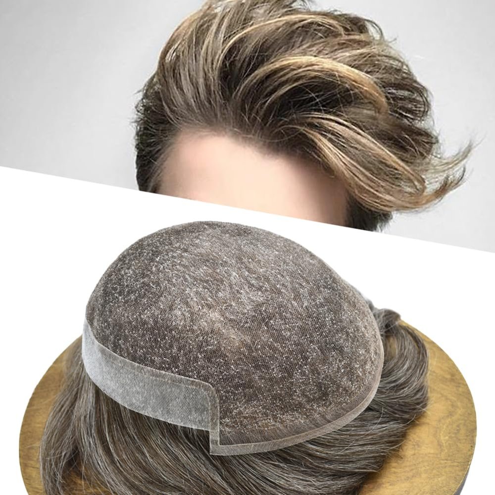 Healthlif French Lace Toupee For Men Hair Replacement System For Men European Human Hair Pieces For Mens Toupee Human Hair Patch Prosthesis For Men8x10light to medium density#350 3# DARK BROWN+50%GREY