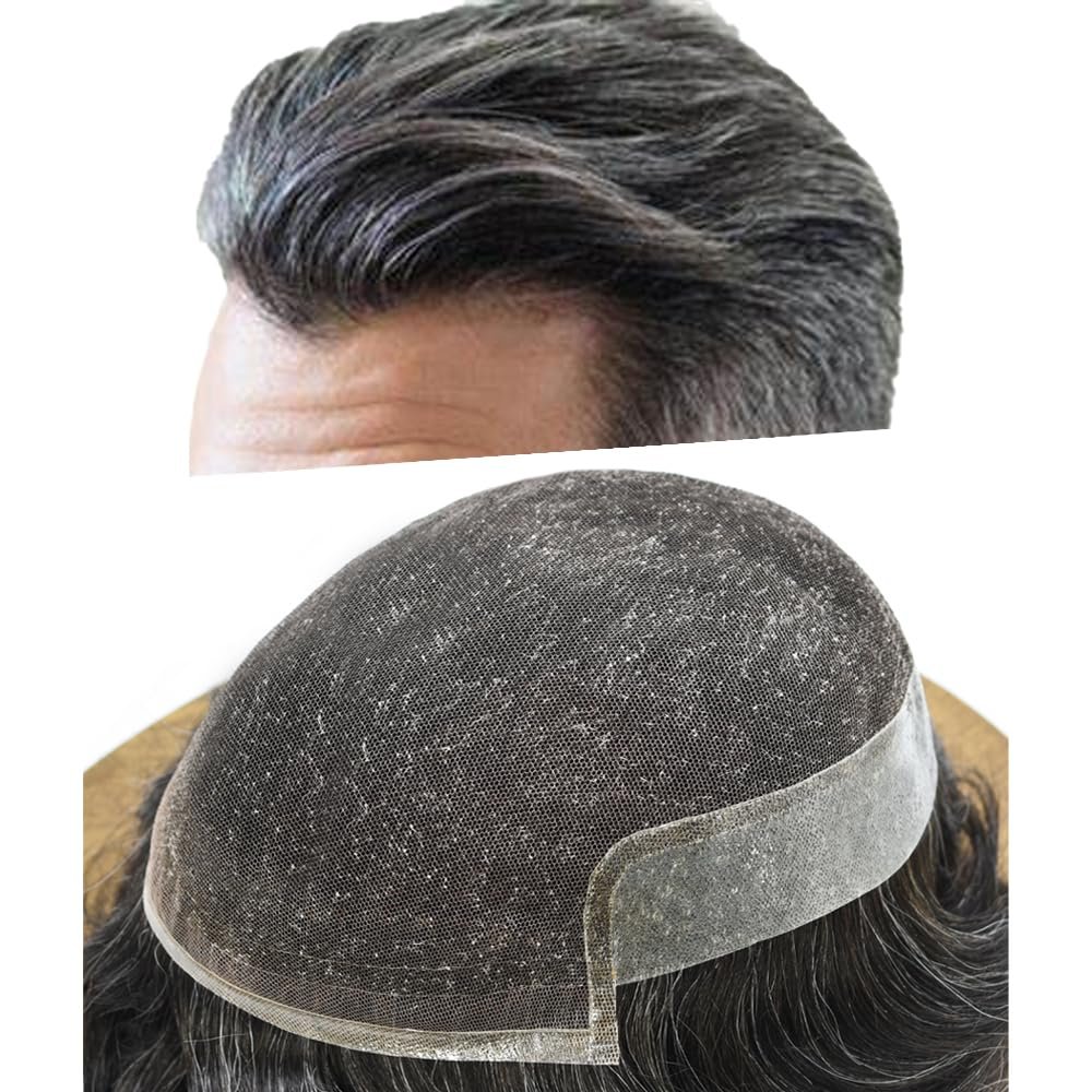 Healthlif French Lace Toupee For Men Hair Replacement System For Men Human Hair Pieces For Mens Toupee Human Hair Patch Prosthesis For Men8x10light to medium density#1B20 1B# OFF BLACK+20% GREY