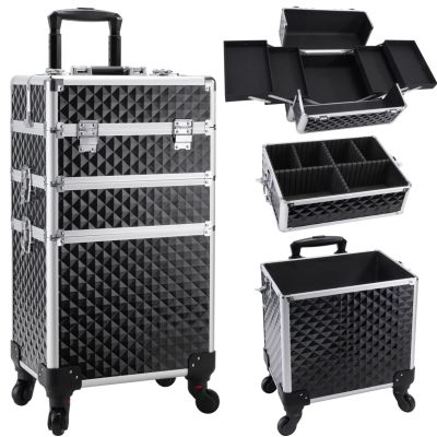 Faquenc Cosmetology Case on Wheels 3 in 1 Rolling Makeup Train Case Nail Tech Makeup Organizers Storage Cart Cosmetic Trolley Travel Barber Suitcase for Make up Artist Manicure Hair Lockable, Black