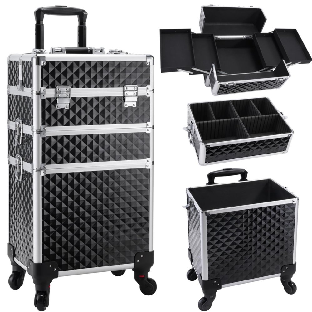 Faquenc Cosmetology Case on Wheels 3 in 1 Rolling Makeup Train Case Nail Tech Makeup Organizers Storage Cart Cosmetic Trolley Travel Barber Suitcase for Make up Artist Manicure Hair Lockable, Black