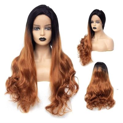 OrBheS Wig European Fashion Ladies Long Hair Black Gradient Brown Wavy Hair Lace Front Hair Wig Beautiful Long Wavy Harajuku Style (Color : 24 Inches)