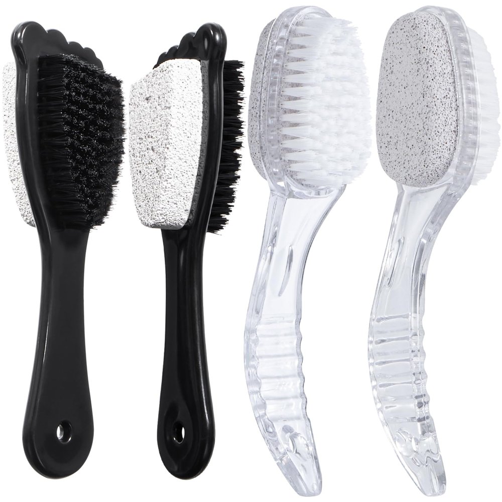 4 Packs Foot Pumice Stone Brush Callus Remover, Beomeen 2 in 1 Foot Shower Pedicure Scrubber with Handle, Foot File with Dense Bristles for Deep Cleansing and Exfoliation, Dry Skin Removal