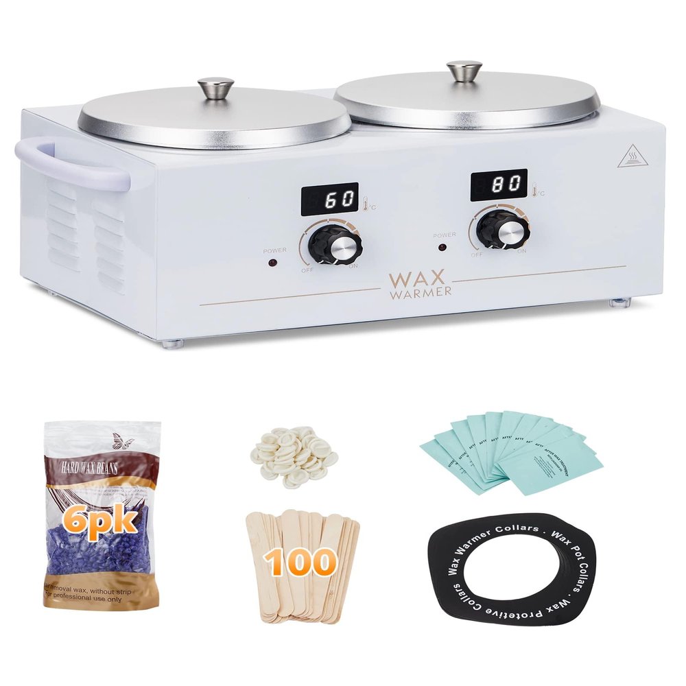 Garvee Double Wax Pot Warmer Professional - At Home Waxing Kit Digital For All Hair Types - Eyebrow, Facial, Bikini etc. (White Double Pot)