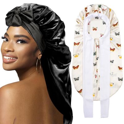 2Pcs Bonnets for Black Women Braid Bonnet, Large Long Satin Bonnet for Braids, Silk Bonnet with Stretchy Tie Band Sleep Cap Hair (2Pcs-Black-Silver Pattern)