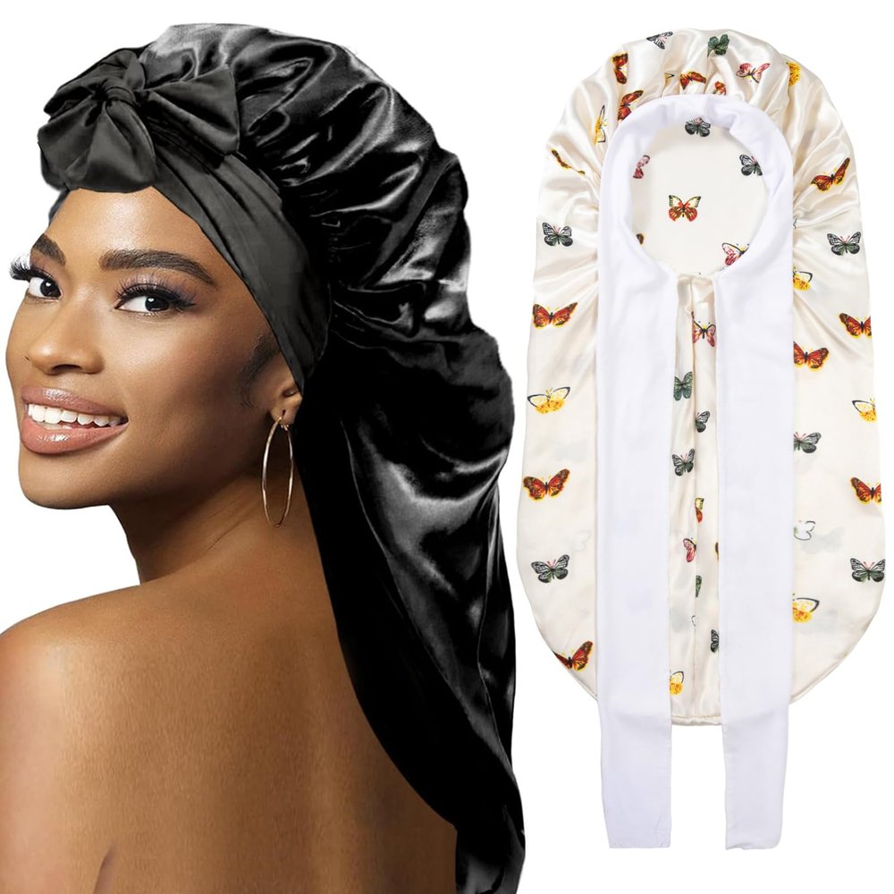 2Pcs Bonnets for Black Women Braid Bonnet, Large Long Satin Bonnet for Braids, Silk Bonnet with Stretchy Tie Band Sleep Cap Hair (2Pcs-Black-Silver Pattern)