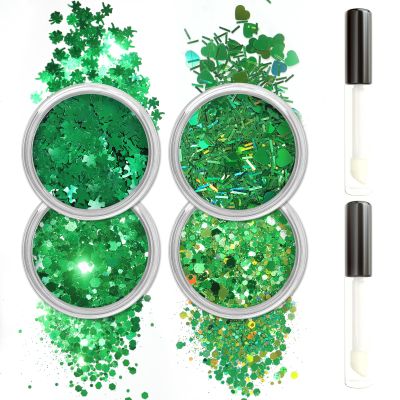 Allstarry Green Body Glitter, 4 Colors Cosmetic Green Face Glitter, Shamrock Face Eyeshadow Makeup Hair and Eye Glitter St Patricks Day Accessories Makeup Shamrock Decorations