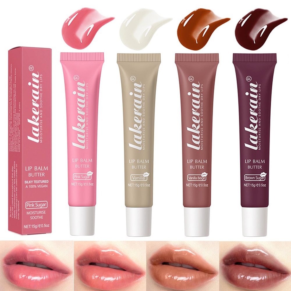 4 Color Glossy Lip Balm Butter Lip GlossMoisturizing Non Sticky High Shiny Finish Lip Glow Oil, Natural Plumping Lip Tint Lip Care & Repair Lip Mask for Soft & Smooth & Protect Dry Lip