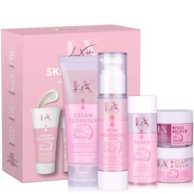 LXSKN Daily Acne Essentials Kit - 5 Step Facial Skincare Set with Cleanser, Face Scrub, Clay Mask,Toner & Acne Serum, Complete Acne Skin Care Kit, Wash Away Impurities To Reveal Glowing Skin