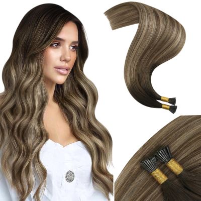 Moresoo Itip Hair Extension Human Hair Balayage Dark Brown to Light Brown with Blonde Hair Extensions Human Hair I Tip Silky Soft 0.8G/S 50S 22 Inch