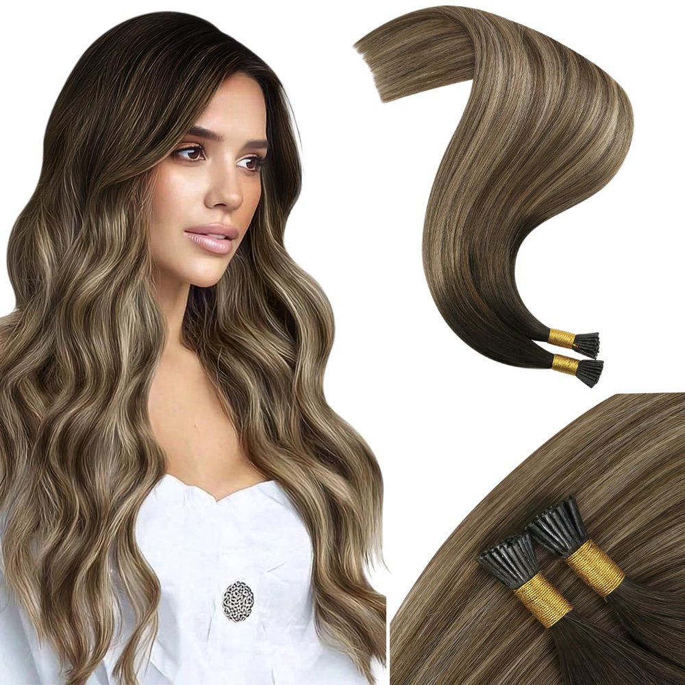 Moresoo Itip Hair Extension Human Hair Balayage Dark Brown to Light Brown with Blonde Hair Extensions Human Hair I Tip Silky Soft 0.8G/S 50S 22 Inch