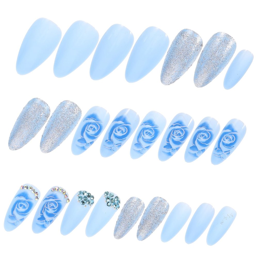 Housoutil 24pcs Fashion Blue Rose Nail Stickers Fake Nails for Women Women Press False Tips Art Supplies Design